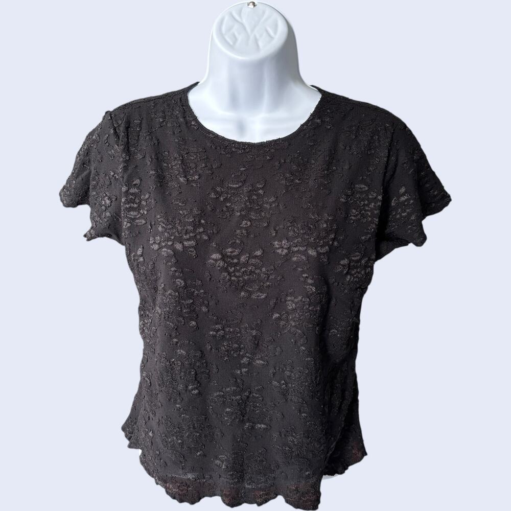 Valerie Stevens textured floral knit tee black lettuce hem Y2K S Canada